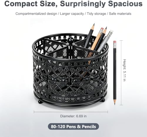 Pen Holder for Desk, 360 Degree Rotating Pencil Holder (Black)