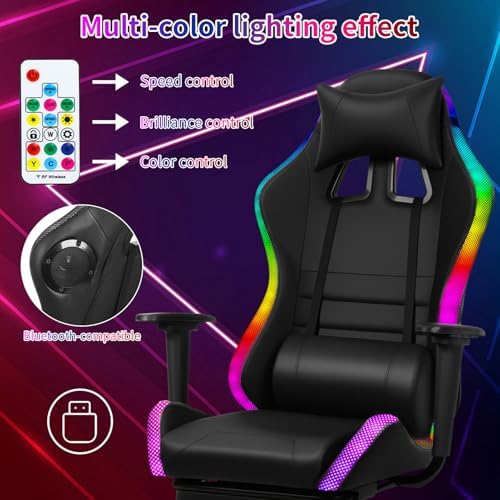 Gaming Chair with Bluetooth Speakers & Light, Ergonomic High-Back Office Chair with Adjustable Armrest, 360° Swivel & Recline, Faux Leather Racing Style Desk Chair for Gaming