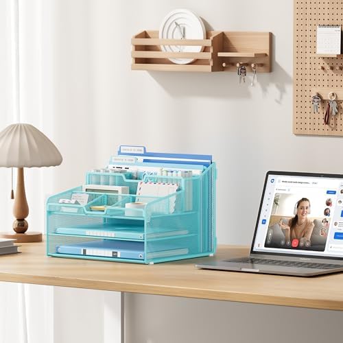 Lavatino Desk Paper File Organizer - Metal Mesh with 2 Letter Trays, 7 Flexible Dividers, 2 Vertical File Folder Holders for Office/Home/Classroom Supplies, Desk Organizers and Accessories, Blue