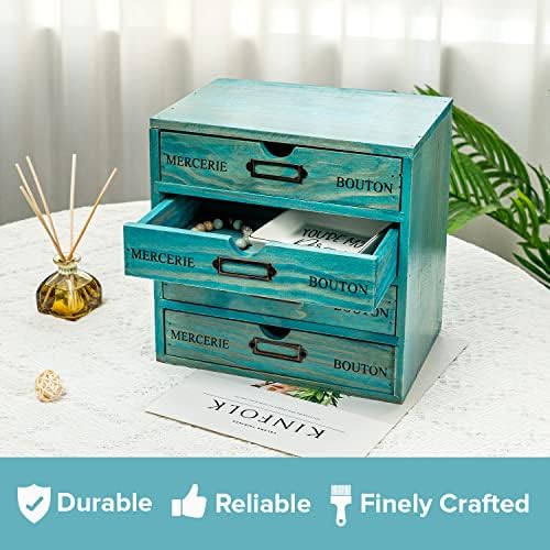 Turquoise 4-Tier Drawer Unit - Teal European Country Style Desk Organizer Box - 9.7x7x10 Wooden Stackable Drawers - Countertop Organizer Drawers w/Label Holder - 4-Level File Drawer Unit