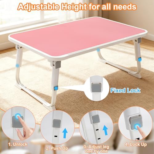 Laptop Desk for Bed, Adjustable Height Laptop Bed Table, Foldable Lap Desk with USB Charge Port, Desktop Card Slot, Side Drawer, Book Shelf, Portable Lap Tray for Eating Reading Working Sofa & Floor