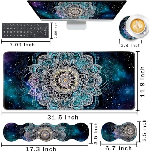 Keyboard Wrist Rest and Mouse Pad with Wrist Support Set Ergonomic Coaster,Memory Foam,Easy Typing Pain Relief,Large XL Desk Mat 31.5"x 11.8",Mandala in Galaxy