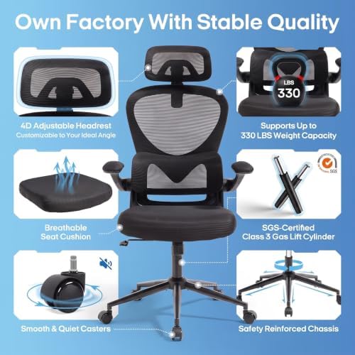 LuxErgo Ergonomic Office Chair, High Back Home Office Chair with 4D Adjustable Headrest & Lumbar Support, 330lbs Capacity Mesh Desk Chairs with Flip-Up Arms, Comfortable Computer Chairs, Black