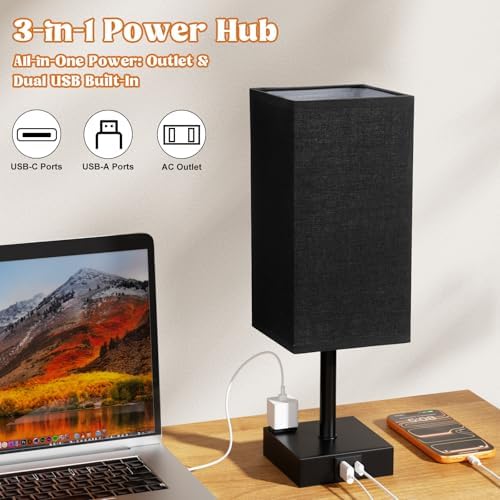 3000K Black Table Lamp for Bedroom - Dimmable Touch, USB C+A, AC Outlet