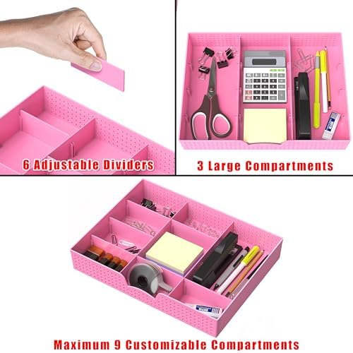 Simple Houseware Drawer Organizer Tray, 9 Adjustable Compartments, Pink