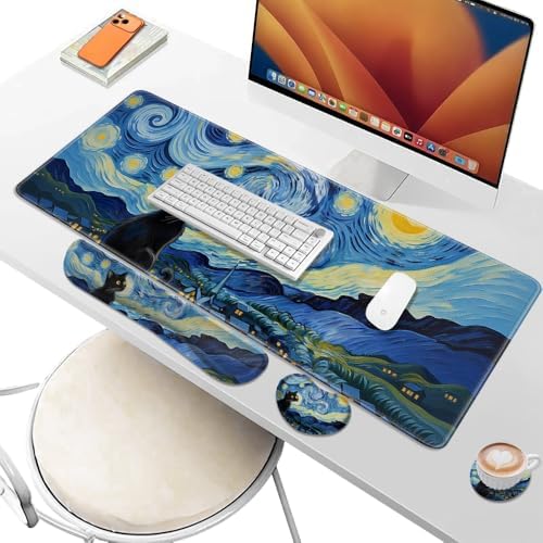 Desk Pad and Keyboard Wrist Rest, Large Mouse Pad + Keyboard Pad+Mouse Wrist Support, Non-Slip Desk Mat Protector for Office, Home 31.5×11.8 Inches Starry Night Cat