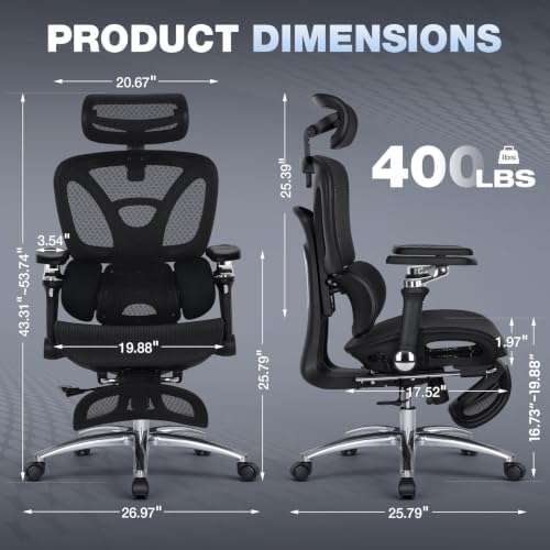MALOL Ergonomic Office Chair, 400lbs High Back Mesh Desk Chair with 6D Armrests, 3D Headrest, Adjustable Lumbar Support, Seat Depth Adjustment, Tilt Lock, Metal Base & PU Wheels, Black