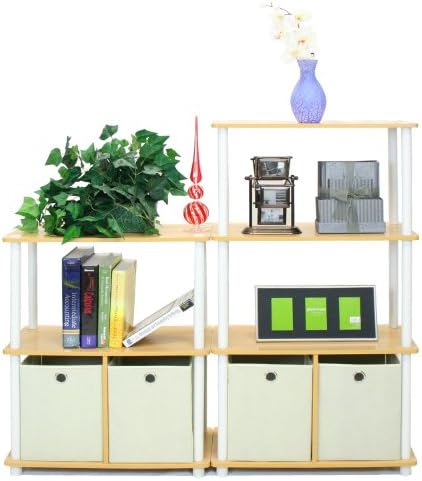 Furinno GO GREEN Storage Shelf, 4-Tier Storage Rack with Bins, Book Shelf, Display Rack, with Storage Bins, for Organization and Storage, Living Room, Home Office, Beech
