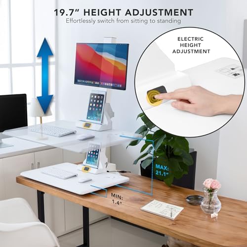Mount-It! Electric Standing Desk Converter, Adjustable Tabletop Sit Stand Desk Riser with Single Monitor Mount for Monitors up to 32", Freestanding 28" Wide Platform Rises up to 20.75" White