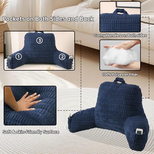 Large Reading Pillow for Sitting Up with Arms,Blue Corduroy
