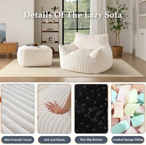 Gericco Oversized Bean Bag Chaise Lounge Chair with Ottoman for Adults