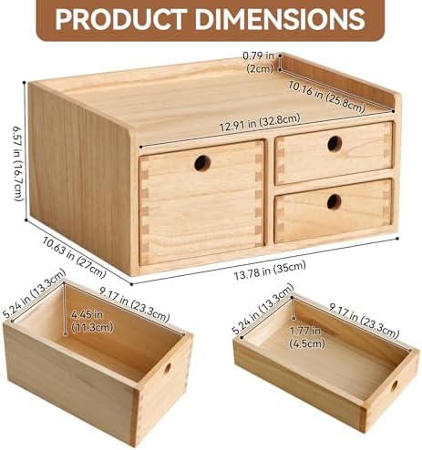 KIRIGEN Wooden Desk Organizer with 3 Drawers and Top Tray Natural DT1D3C-NA