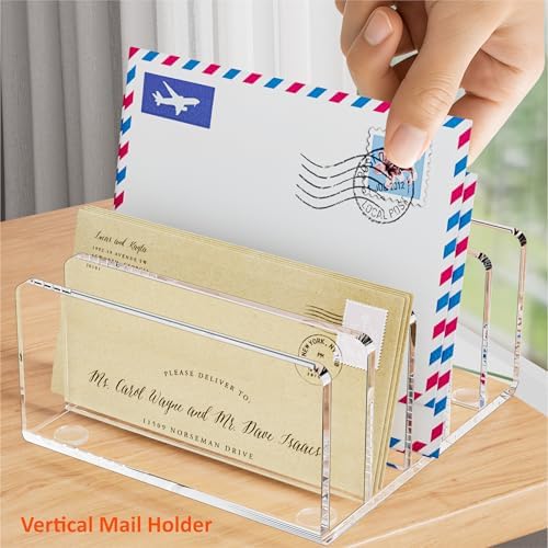 FUCDTEFC Desk Mail Organizer, 5 Section Clear Acrylic File Holder Letter Organizer, Vertical Lightweight Modern Envelope Holder Desk Accessories & Workspace Organizers for Office, Home, School