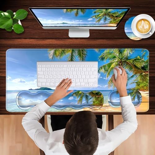 Keyboard Wrist Rest and Mouse Pad with Wrist Support Set Ergonomic Coaster,Memory Foam,Easy Typing Pain Relief,Large XL Desk Mat 31.5"x 11.8",Shore Palms Tropical Beach