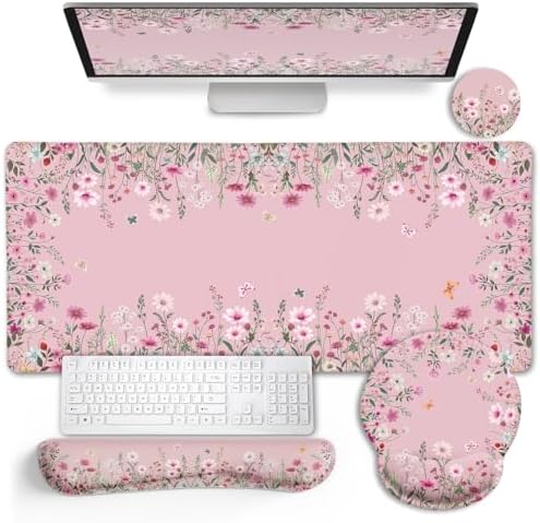 LIMKRIAN Floral Desk Mat Set, Cute Pink Desk Accessories Gifts for Women
