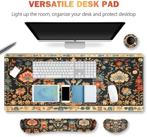 ARTSO Desk Mat Set, Mouse Pad with Wrist Rest Support + Keyboard Wrist Rest + Large Mouse Pad + Coaster, Extended Gaming Mousepad Combo, Retro Flower Plant