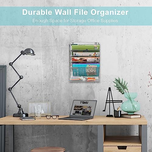 EasyPAG 5 Tier Wall File Holder, Mesh Hanging Folder Organizer with Classify Label, Versatile Desk File Holder, Vertical Wall Mounted Mail Organizer for Office Home Cubicle, Silver