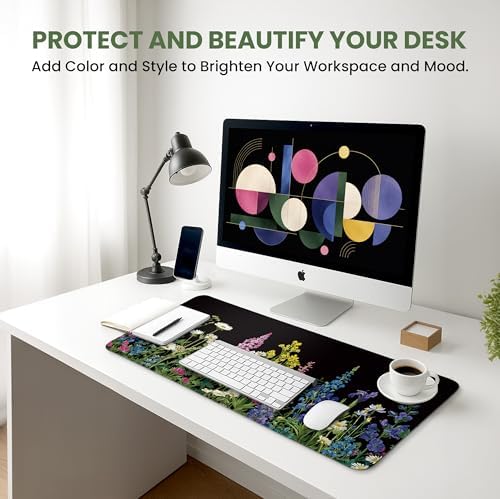 Aesthetic Desk Mat, Cute Starlit Floral Desk Pad Protector for Work & Decor, 35.4" x 15.7", Pretty Non-Slip Extended Mouse Pad for Office or Home