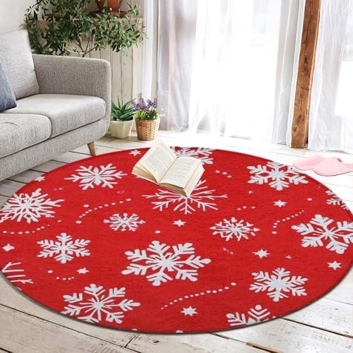Soft Round Yoga Carpet, Office Chair Decor Round Mat for Carpet and Hardwood Floors Snowflakes Christmas Red Print