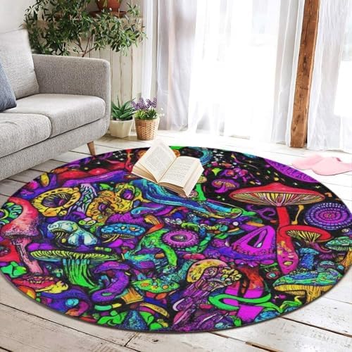 Highly Premium Quality Floor Mat, Office Chair Decor Mat, Room Sofa Yoga Soft Round Carpet Trippy Mushroom Magic Art, 60inch