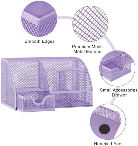 EasyPAG Mesh Desk Organizer with Drawer Multi-functional Pen Holder Stationery Organizer for Office School Supplies 6 Compartments Dorm Organizers and Storage for Desk, Light Purple