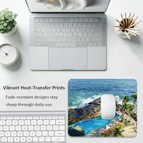 Luxury Cliffside Resort Pool with Palm Trees Mouse Pad, Tropical Desk Mat