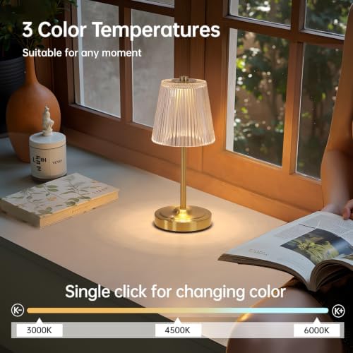 Shenmoyl Cordless Touch Table Lamp with 5200mAh Battery - 3 Adjustable Color Temperatures & Dimmable, Rechargeable Lamp for Bedroom, Living Room, Office, Entryway, Bookshelves (Transparent Stripe)