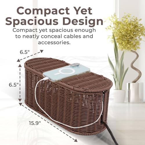 Cable Management Box, Handmade Rattan Cord Organizer for Power Strip