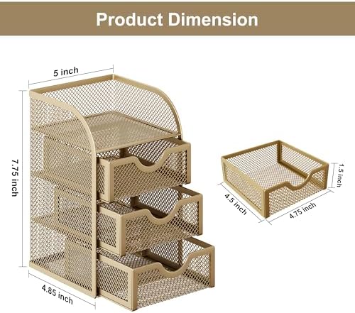 EasyPAG Mesh Desk Organizer with 3 Drawer Office Desktop Organizers and Accessories Stationery Caddy for Office, Home, Students, Gold
