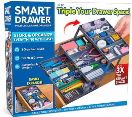 Ontel Smart Drawer Organizer - Multi-level Jewelry Holder, Cosmetics Organizer, or Office Drawer Organizer with Adjustable Dividers for Organization and Storage, Fits Drawers 9.8" W x 8.3" L x 2.8" D