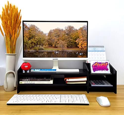 Computer Monitor Riser, 2 Tier Wooden Stand With Two Layer Storage Rack, Black Desktop Organizer for PC/Laptop, Home & Office
