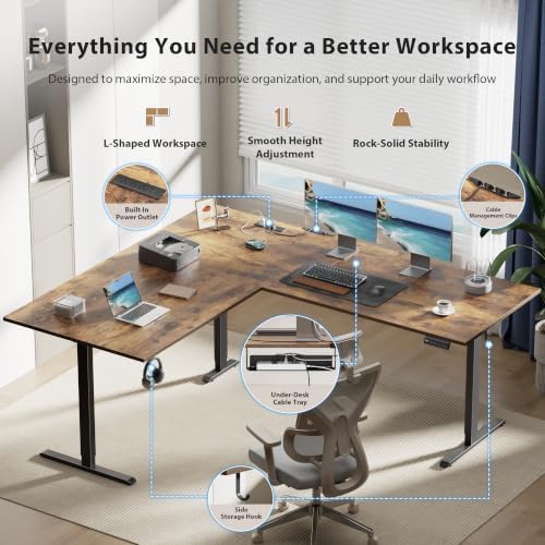 Agilestic 75x61 Inch L Shaped Electric Standing Desk, Corner Workstation, Rustic Brown