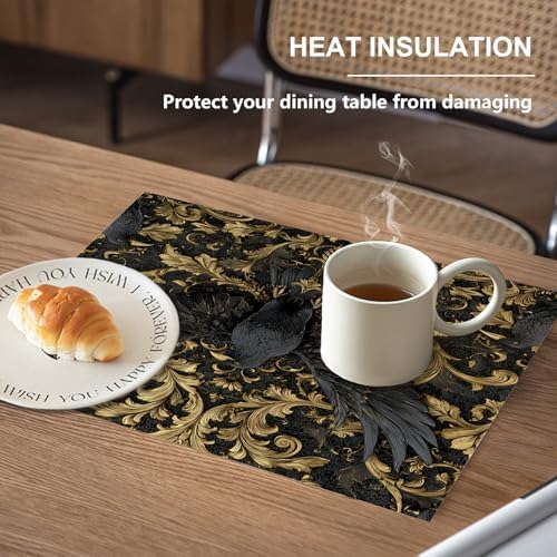 Damascus Raven Gold Linen Placemats, Black Baroque Pattern Table Mats for Table Washable Heat Insulation Thick Dining Mat, Indoor/Outdoor 12X18 in 6 Pcs