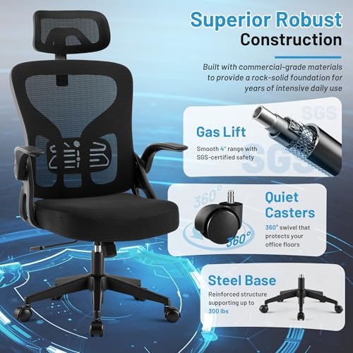 Office Chair Ergonomic Desk Chair with Adjustable Headrest Lumbar Support, High Back Breathable Mesh Chair with 120° Tilt & Flip-Up Armrests, Swivel Comfy Task Computer Chair for Work, Study