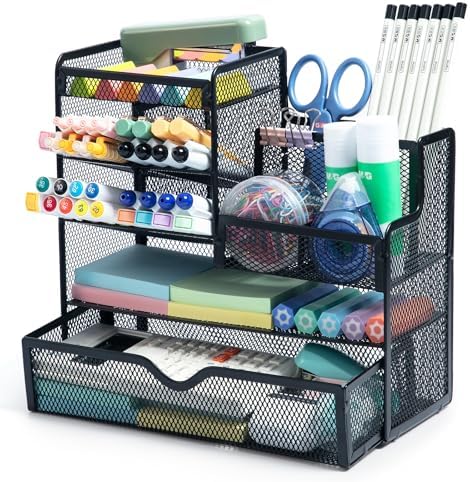 M&G Mesh Pen Holder for Desk, Multi-Functional Pencil Holder with Drawer Desk Organizer, Large Capacity Office Desk organizers and Accessories (Black)