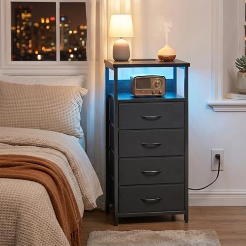 Fixwal Night Stand with Charging Station, Black Led Nightstand, 4 Drawers