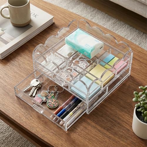 Scalloped Clear Acrylic 2-Drawer Organizer with Removable 9 Compartment Divider