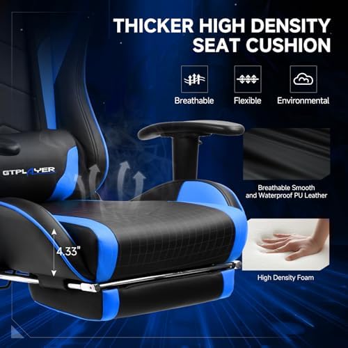 GTPLAYER Gaming Chair,Gamer Chair with Bluetooth and Adjustable Backrest,Seat Height Adjustable Computer Chairs with 3D Armrests,Video Game Chair with Footrest Speakers (Blue)