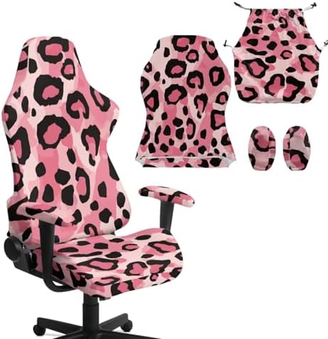 Pink Leopard Print Gaming Chair Cover with Armrest Cover Easy to Install Zipper Design Slipcover Scratch Proof Universal Swivel Desk Chair Protector Washable 4 Pieces