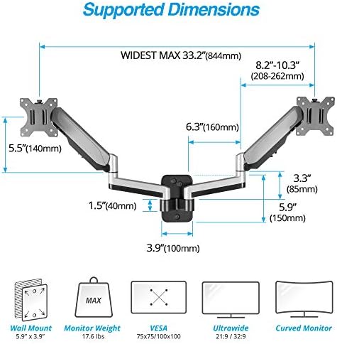 AVLT Dual Monitor Arm Wall Mount for 13-32" Screens, Full Motion - Silver