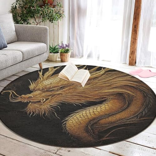 Highly Premium Quality Floor Mat, Office Chair Decor Mat, Room Sofa Yoga Soft Round Carpet Cool Dragon Black Drak Night, 24inch
