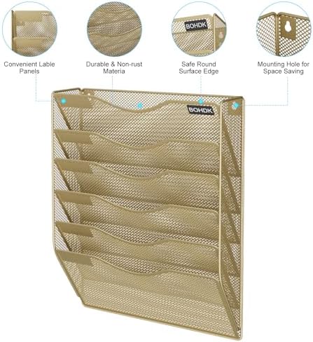 BOHDK Wall File Organizer, Hanging File Folder Mail Organizer, Vertical Mesh Metal Door/Wall Mount Hanging File Holder, Paper Document Magazine Rack with Hooks for Home Office (6 Tier Gold)