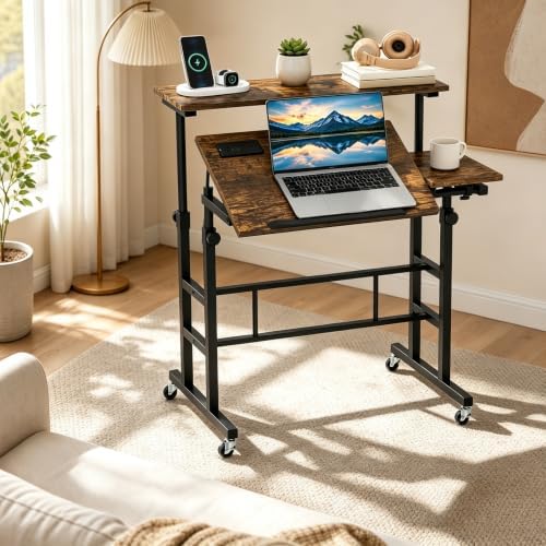 Tangkula Height Adjustable Mobile Standing Desk with Built-in Power Outlets