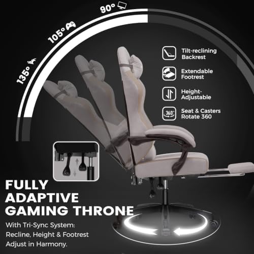 GTPLAYER Gaming Chair Fabric with Pocket Spring Cushion, Big and Tall Gamings Chairs 350LBS High Back Computer Chair with Footrest for Adults Lumbar Support Swivel Game Chair for Office Light Brown