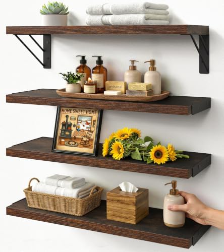 BAYKA Wall Mounted Floating Shelves (Rustic Brown, Set of 4, 16" Uniform)