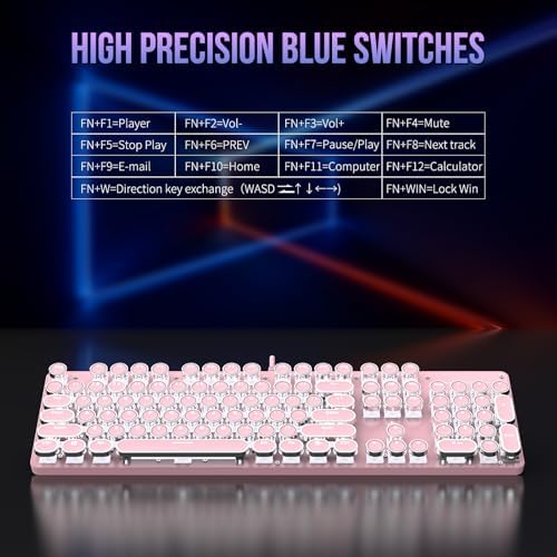 Typewriter Mechanical Gaming Keyboard with RGB Backlit Red Switches, 104 Keys Retro Round Keycap, Wired Typewriter Style Comfortable Typing Soud (Pink)