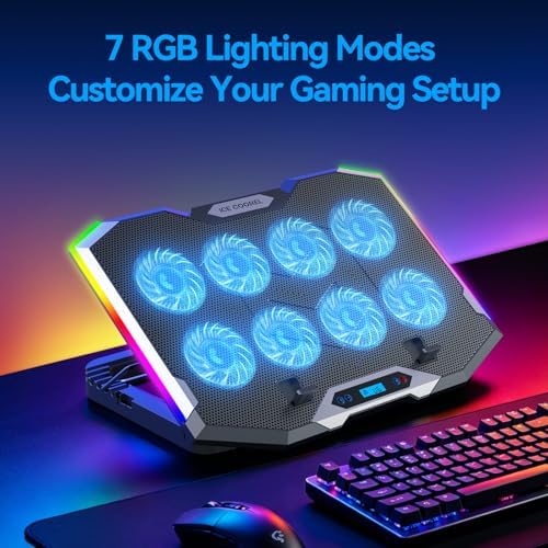 ICE COOREL Gaming Laptop Cooling Pad with 8 Cooling Fans, Laptop Fan Cooler Pad for 15-17.3 Inch, Notebook Cooler Stand with 6 Height Adjustable, RGB Cooling Pad with Two USB Port + Phone Stand