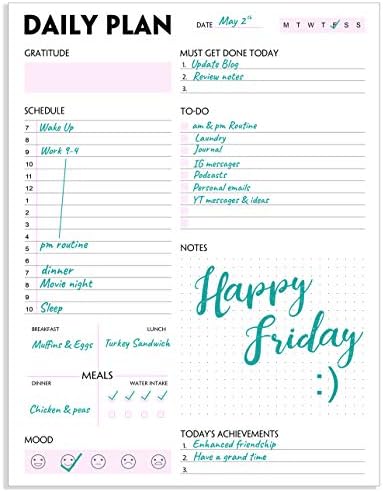 Daily Planner Notepad - Tear-Off Daily Planning Pad, Organizer with To Do Lists, Schedule, Appointment, Productivity Tracker, 50 Undated Sheets, 8.5 x 11 in