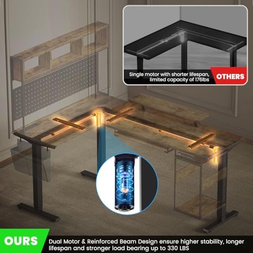 Flycity Electric L Shaped Standing Desk Adjustable Height, 67" x 47" Corner Computer Desk with Host Shelf, Gaming Desk with LED Lights & Power Outlet, Dual Motor Home Office Desk with Storage, Brown