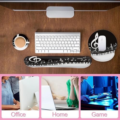 Black and White Piano Notes Mouse Pad with Wrist Rest Set, 3-in-1 Wrist Support Mousepad Set, Gaming Mat Pad with Anti-Skid Base,Ergonomic Memory Foam Mouse Pad Set for Women, Office, Typing, Gaming